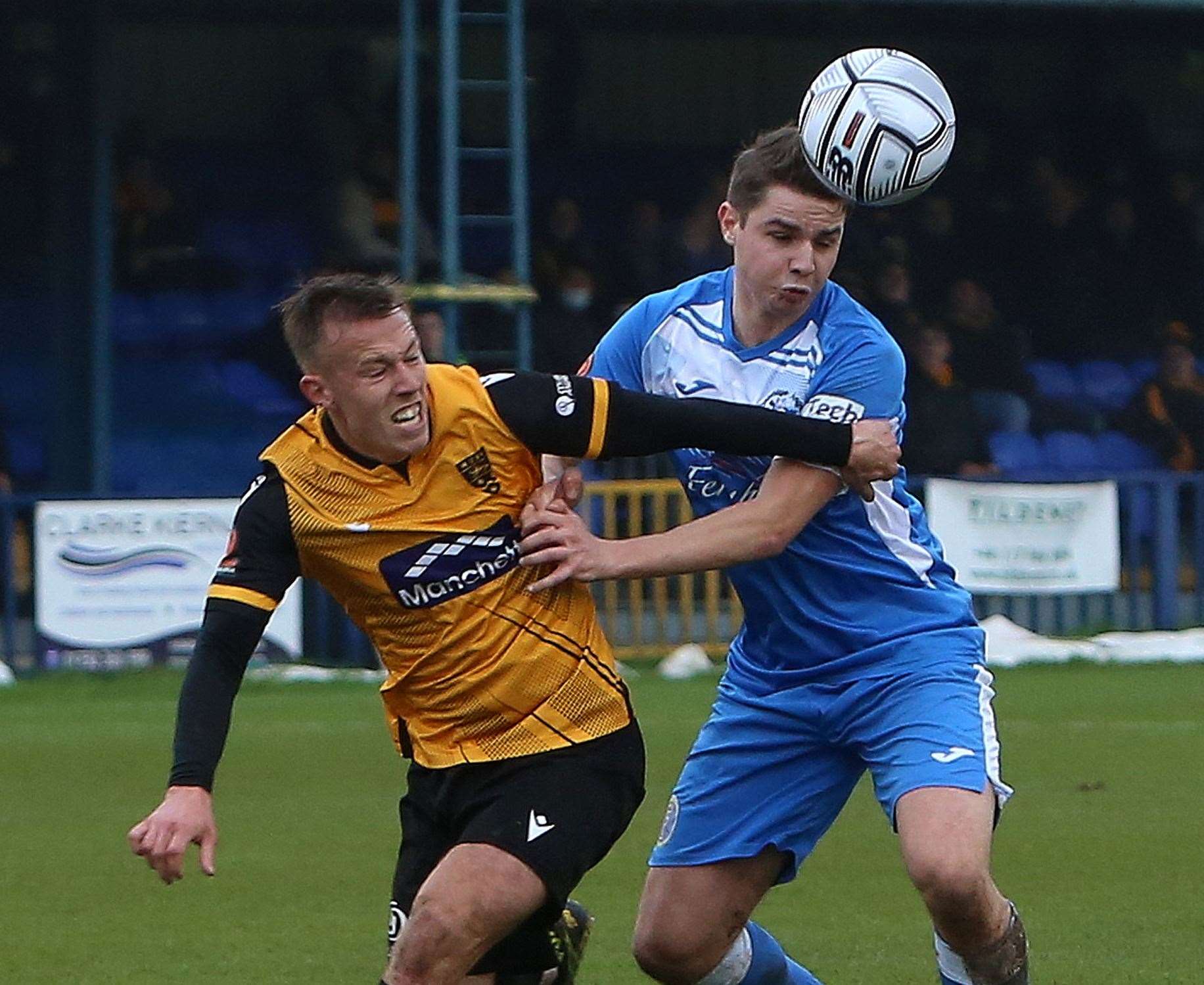 Jake Embery, in action against Maidstone on Boxing Day, is among six players released by new Tonbridge boss Jay Saunders Picture: David Couldridge