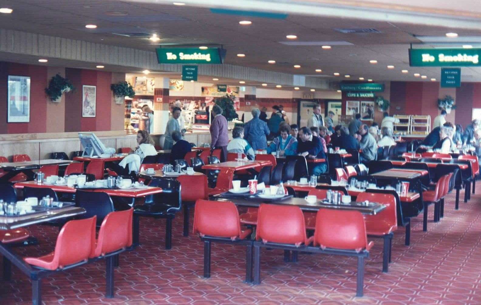 Inside the restaurant at the Farthing Corner service area, Gillingham, on October 26, 1992. The site on the M2 is now managed by Moto
