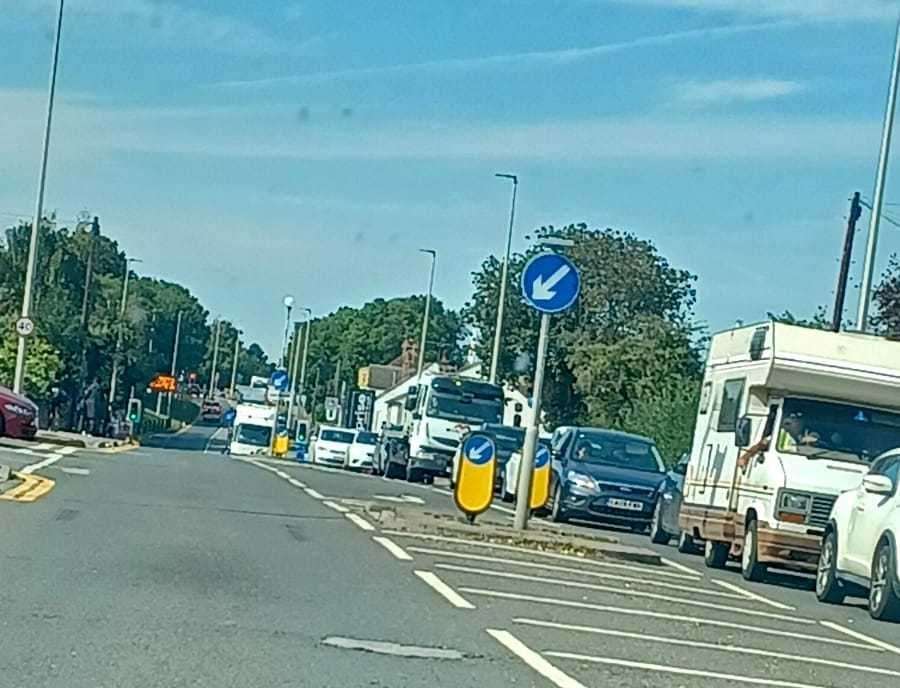 Long queues of Sittingbourne-bound traffic on the A2 in Rainham this morning