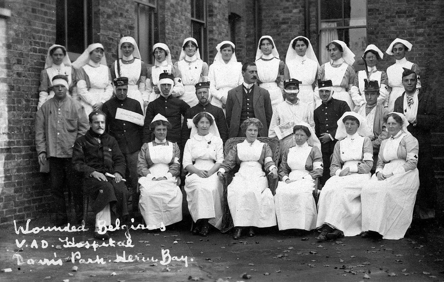 Some of the wounded VAD nurses with wounded Belgian soldiers. Nurse Lloyd is probably among them