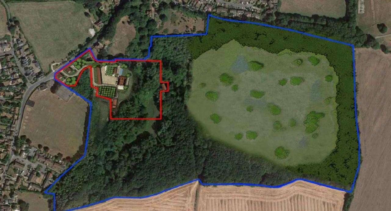 The red outline indicates the application site at Abbey Farm. The blue outline indicates the total area in the applicant's ownership