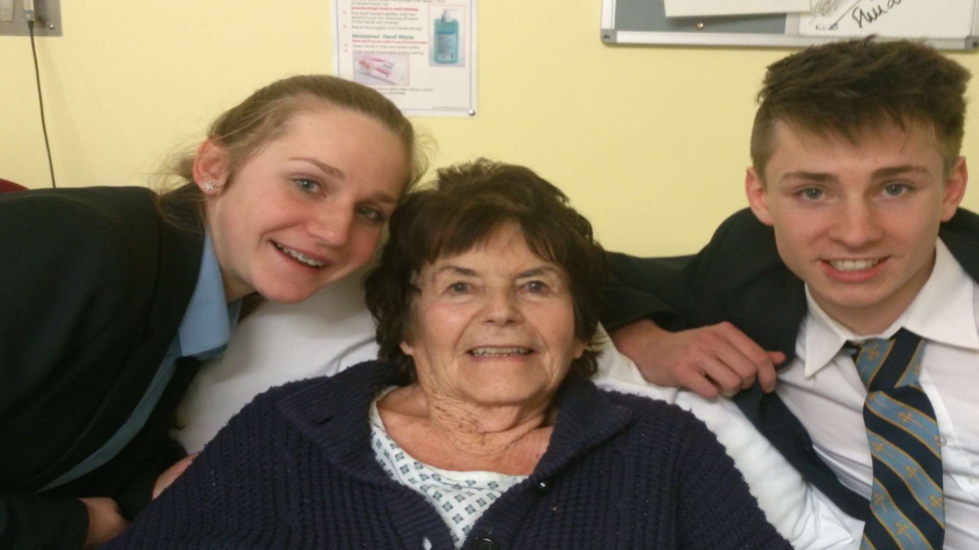 Barbara Hanscomb is cheered up with a visit from her grandchildren Jack, 14, amd Eliesha Hardy, 12.