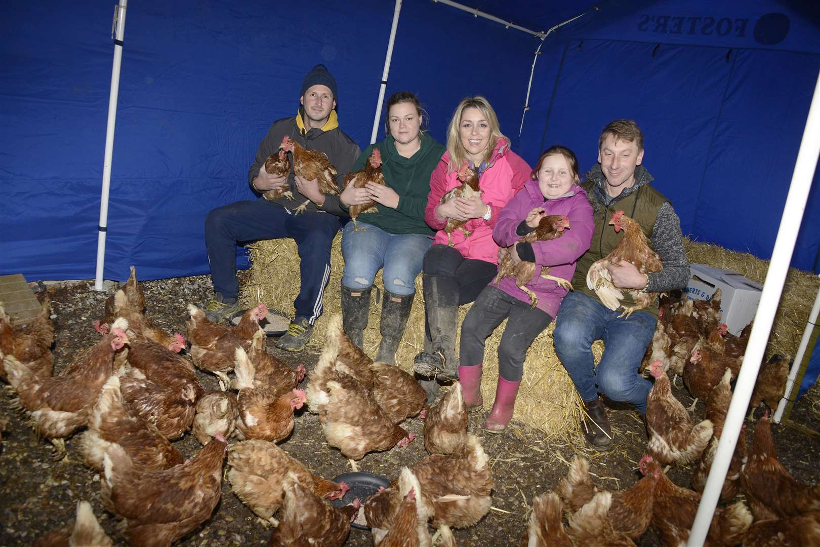From left, James Green, Chlole Turner, Gillian Savage, Alice Hamilton and John Laws with the hens to be rehomed. Picture: Paul Amos