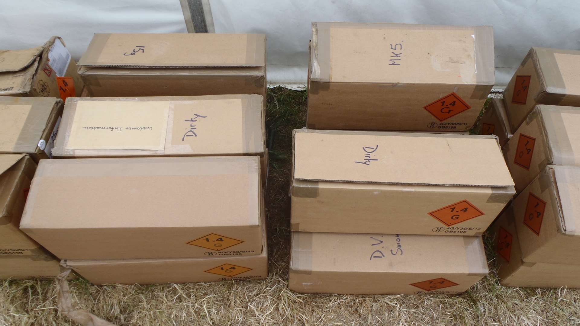 Items stored in boxes displaying an orange diamond explosive warning