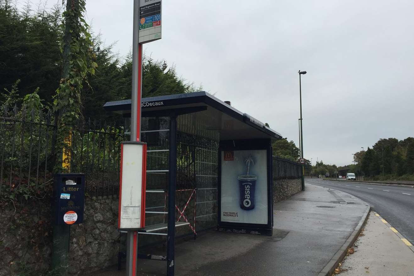 A damaged bus stop on the Royal Engineer's Road, in Maidstone, heading towards Blue Bell Hill, will need to be repaired.