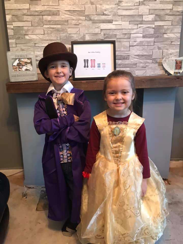 Harley and Ruby, aged six and four, as Willy Wonka and Belle, heading to Westlands Primary School in Sittingbourne (7625765)