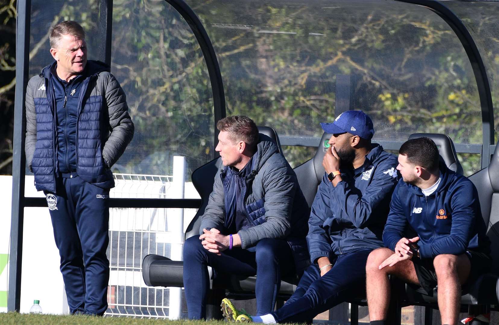 Dover manager Andy Hessenthaler, far left, will be banned as Whites host Maidenhead this Saturday. Picture: Barry Goodwin