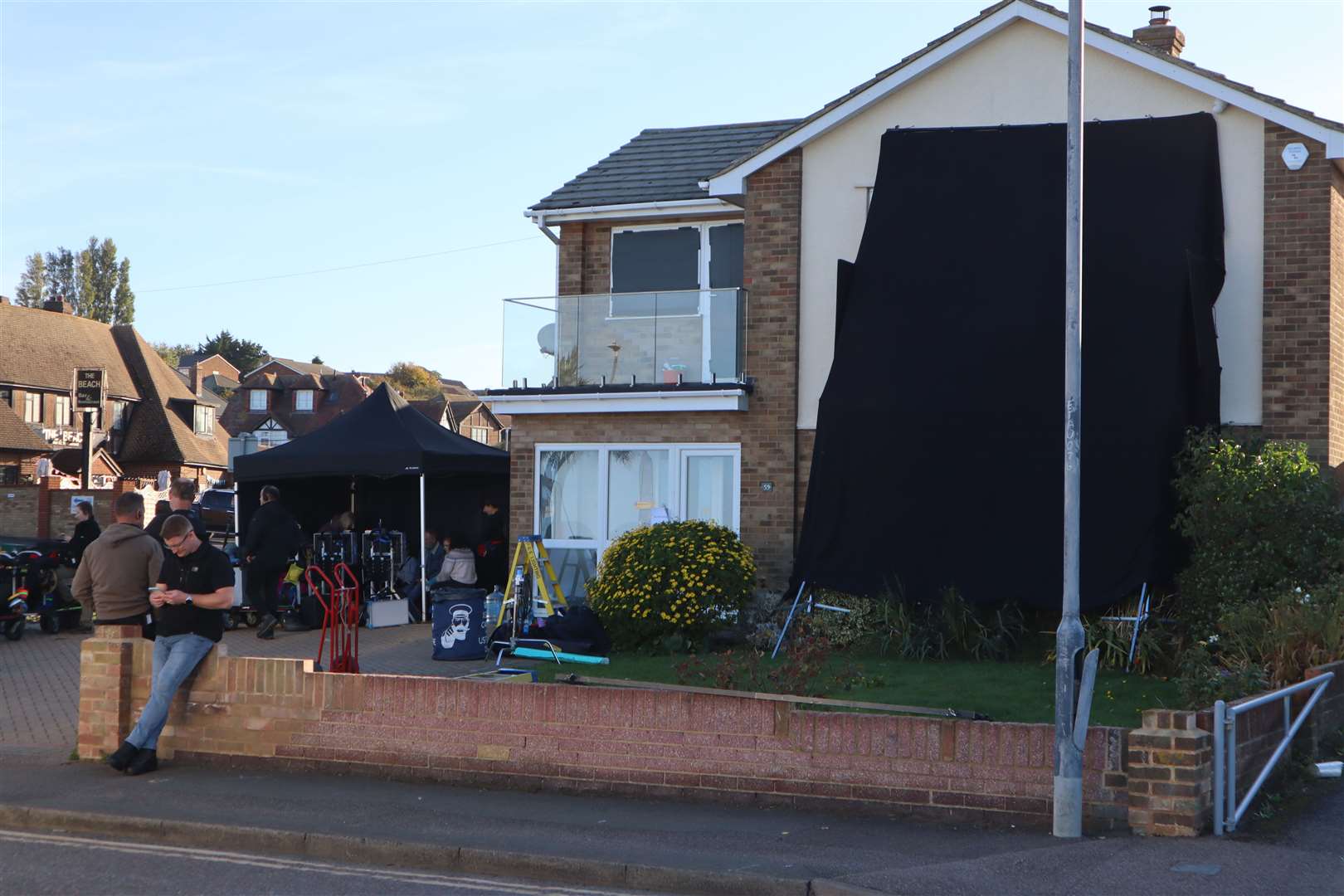 The BBC shooting scenes for Silent Witness on The Leas at Minster, Sheppey. Black drapes cover the front of the house for a night scene shot in broad daylight