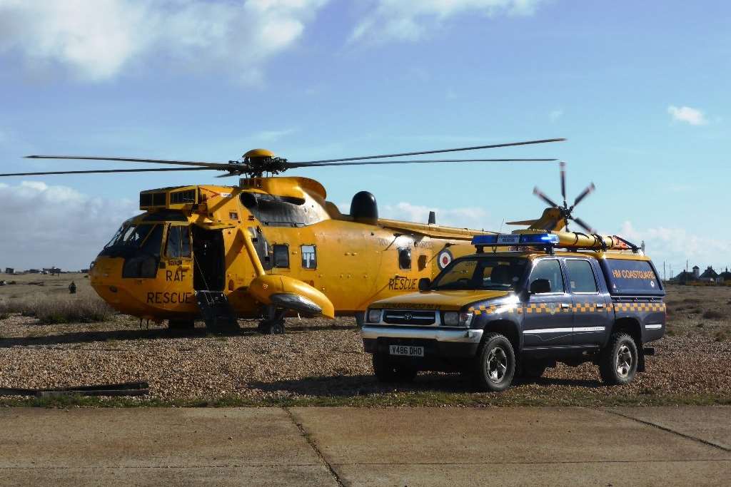 Coastguard and RAF rescue helicopter at Dungeness after the couple were brought to shore. Picture: HM Coastguard