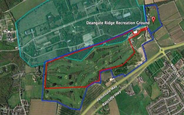 The application area (red line) and the survey area (blue line) at Deangate Ridge, Hoo, and the approximate location of Chattenden Woods and Lodge Hill SSSI