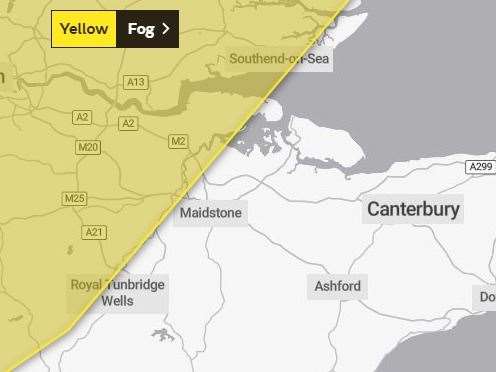 Today's weather warning covers areas of north and west Kent