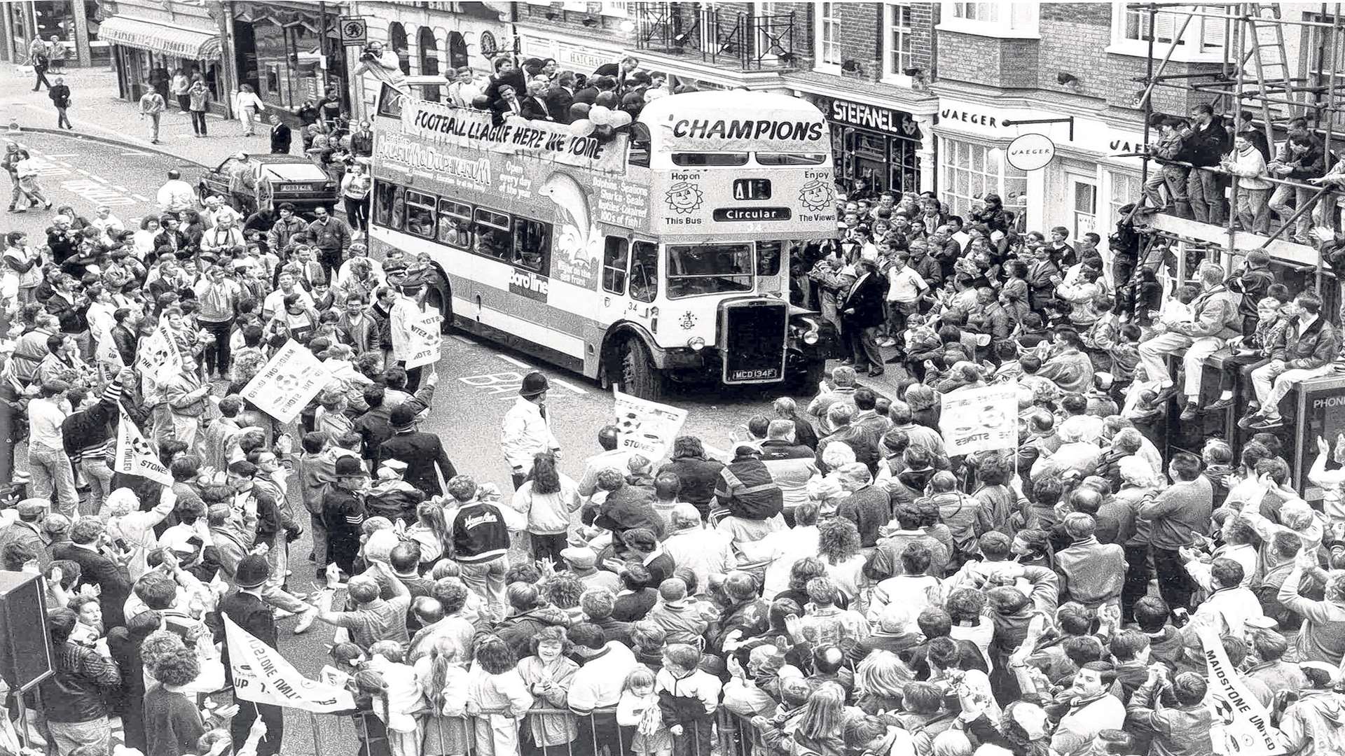 Open-top bus parade through the High Street as Maidstone celebrate promotion to the Football League