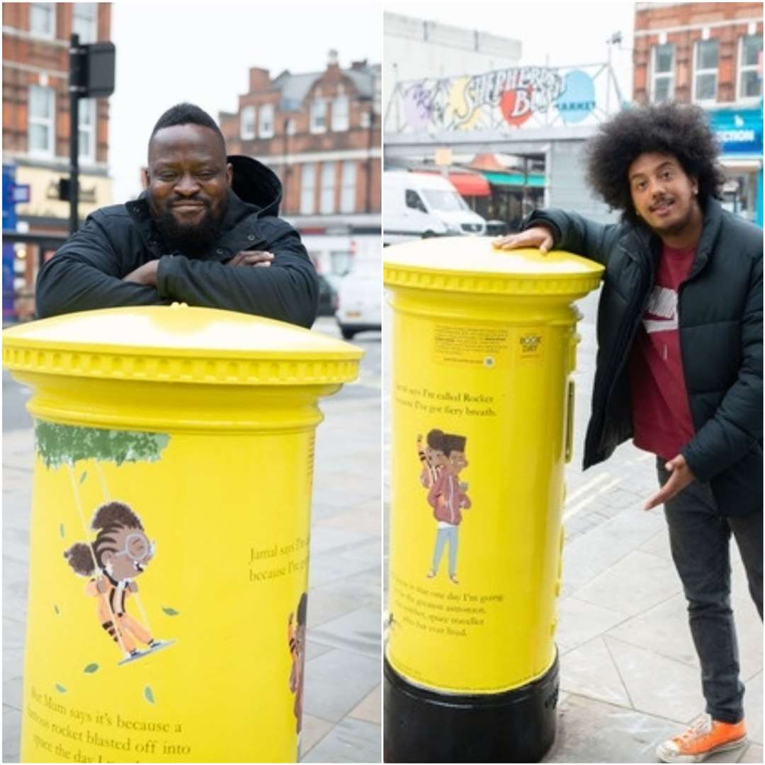 Waterstone’s Children’s Book Of The Year winners Nathan Bryon and Dapo Adeola with their commemorative post box in London’s Shepherd’s Bush (Royal Mail/PA)