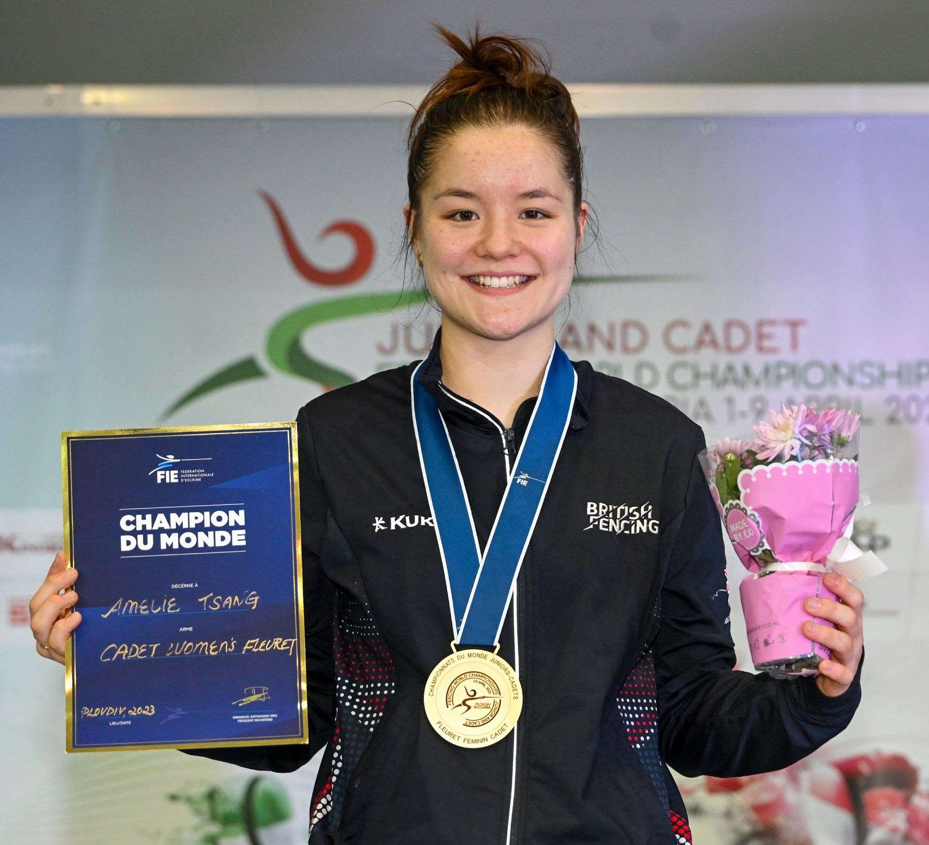 Amelie Tsang celebrates Cadet & Junior World Championship success in Bulgaria. Picture: British Fencing