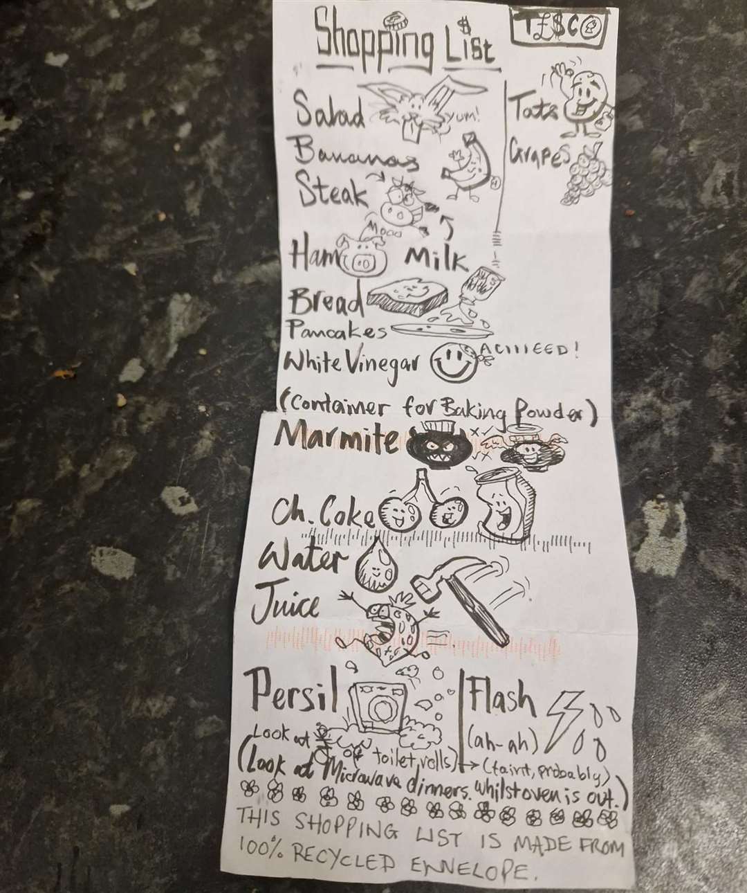Dean Perry's hilarious shopping list which was discovered at the Tesco Superstore in Manston Road, Ramsgate. Picture: Chantelle Parker