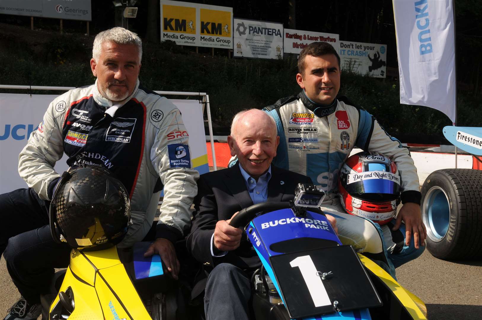 Buckmore Park Kart Circuit, Maidstone Road, Chatham.John Surtees OBE officially opening the new Buckmore Park Karting Ltd.Paul Hollywood, John Surtees and Scott Malvern.Picture: Steve Crispe FM3922026 (44912014)