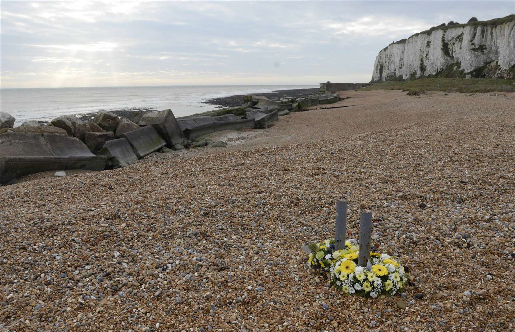 Wreaths near to the scene at Oldstairs Bay, Kingsdown, where Nicholas Warren entered the sea after his dog.