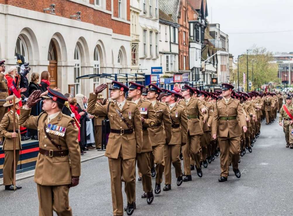 Soldiers take the salute in Maidstone on Remembrance Sunday. Picture by Tope Otenaike.