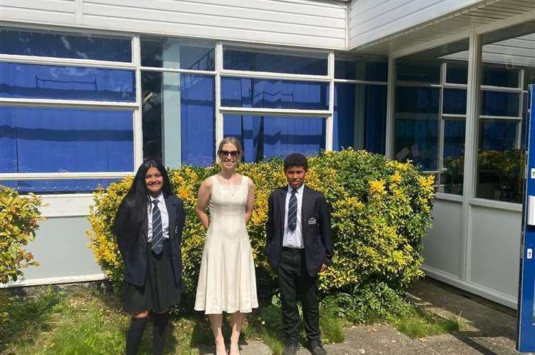 Sevenoaks MP Laura Trott with pupils outside Orchards Academy in Swanley when the cash boost was announced