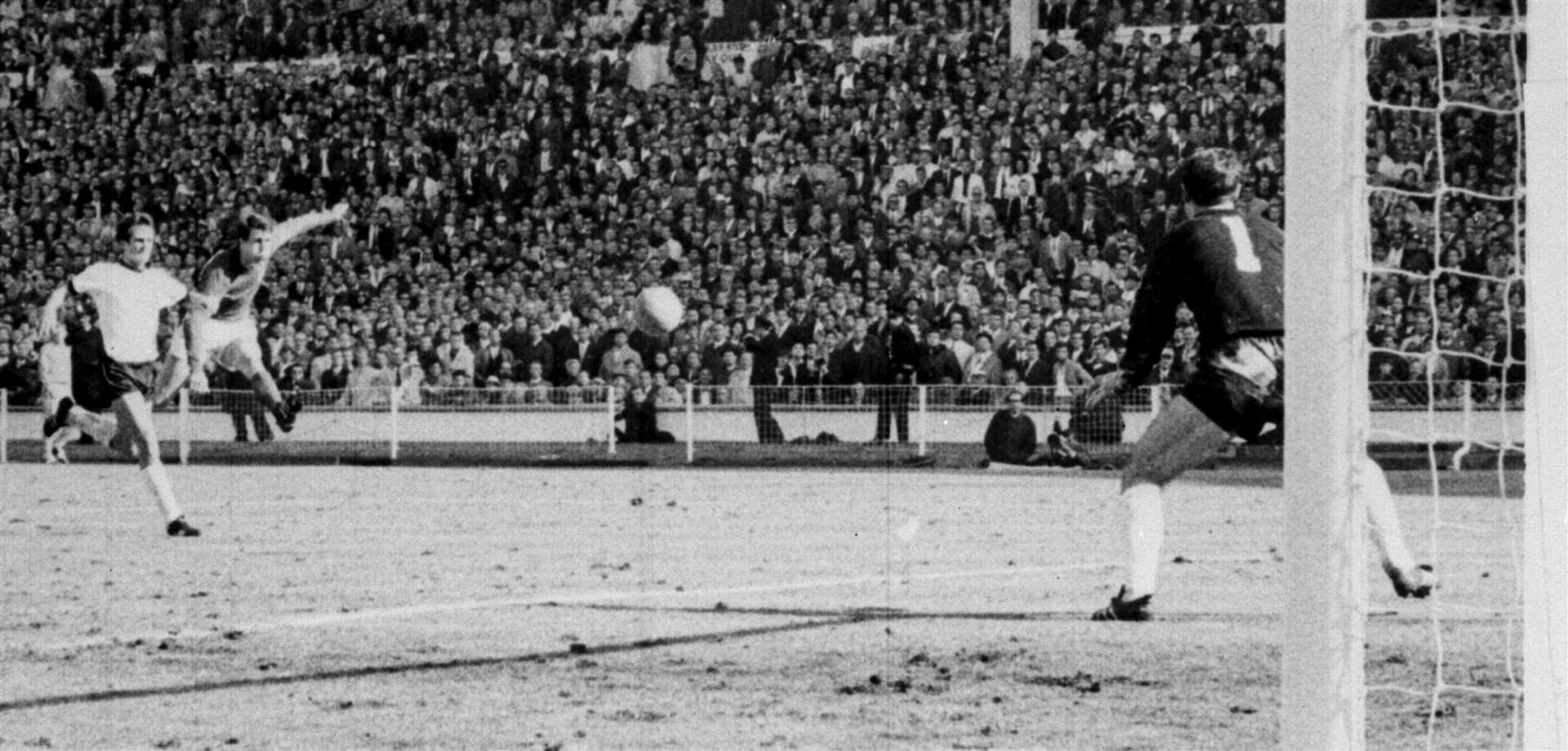 Geoff Hurst scoring the final goal at Wembley in 1966. PA Photos