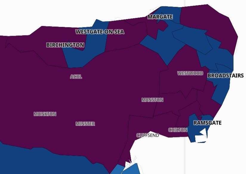 Areas of Thanet marked in purple have Covid infection rates of more than 400, twice the national average. Picture: coronavirus.data.gov.uk