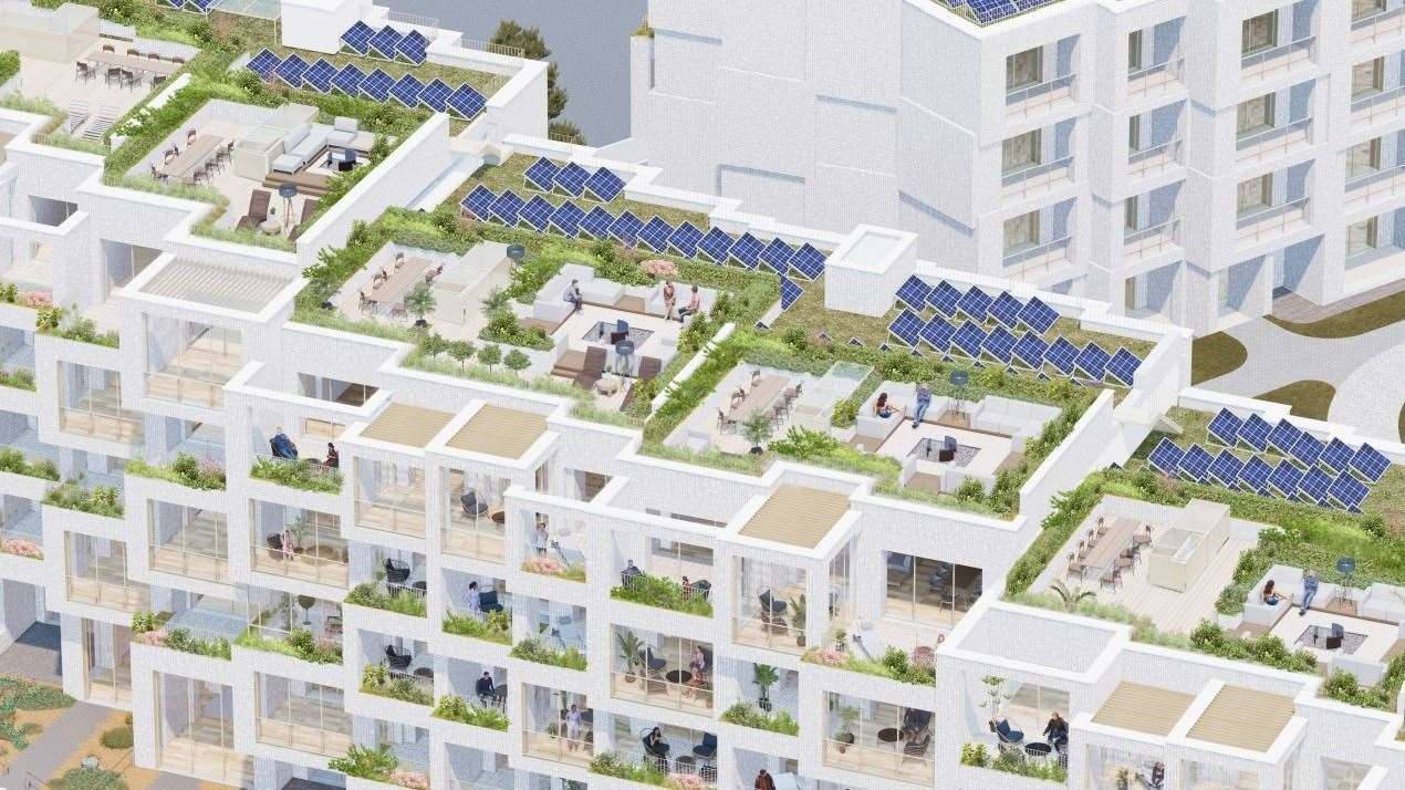 Solar panels dot the rooves of the Plot E homes. Picture: Folkestone Harbour & Seafront Development Company