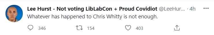 Lee Hurst's first tweet about Chris Whitty