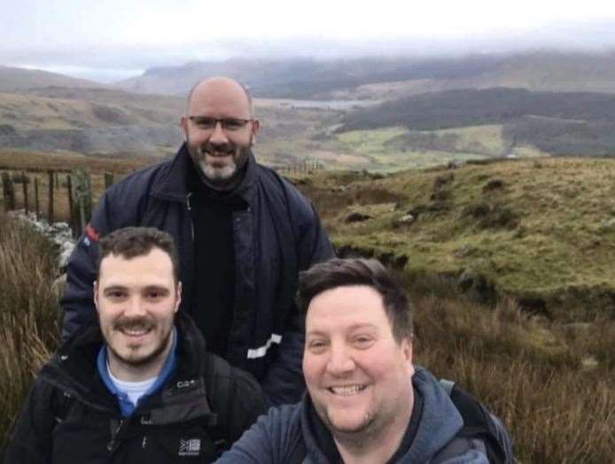 Steve Jarrett on a fundraising challenge in Mount Snowdon, with friends Steve Thomas and Ross Hewer, who he is walking to Canterbury Cathedral with