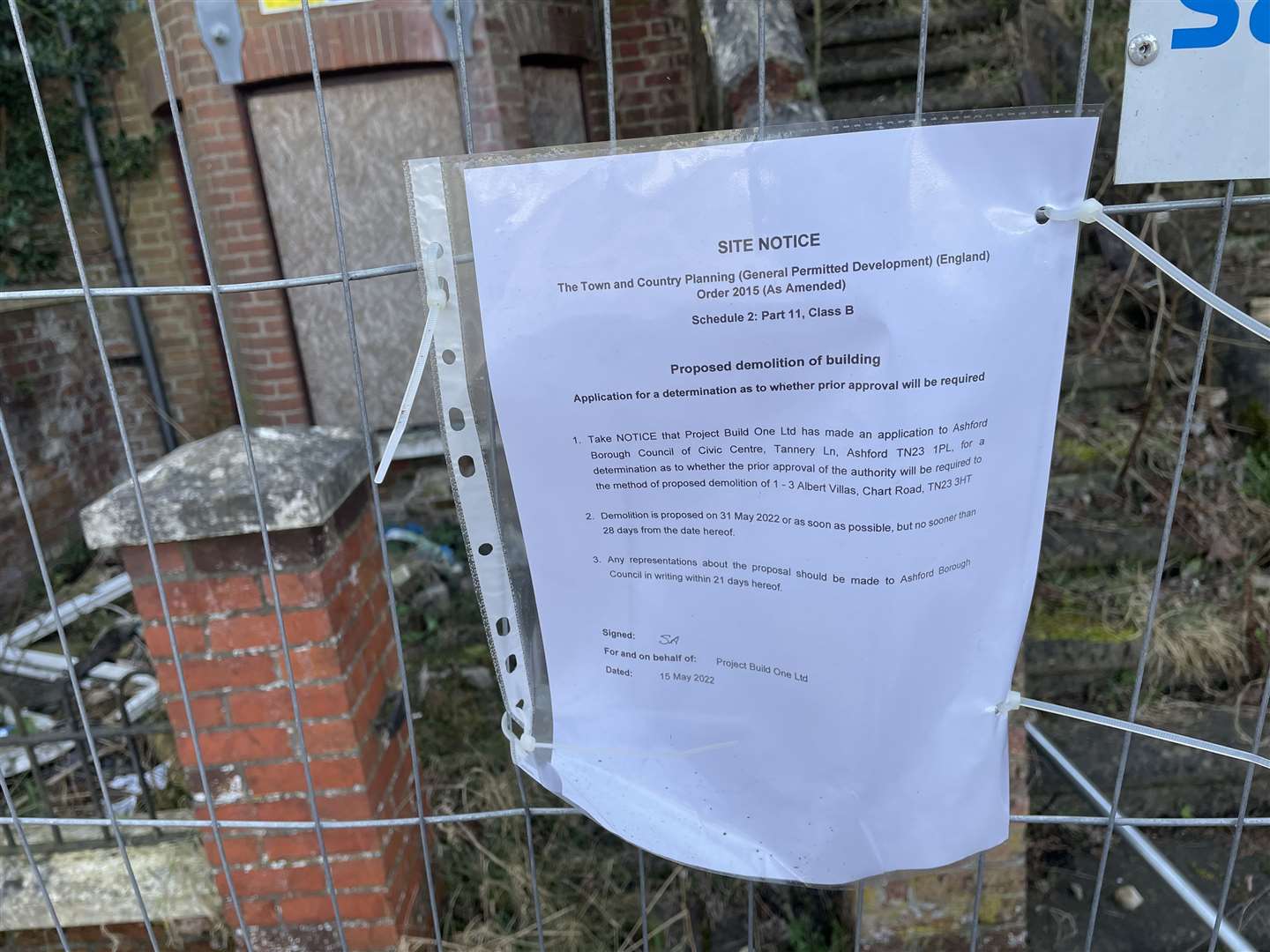 A demolition notice for Albert Villas was attached to the building in Chart Road in March