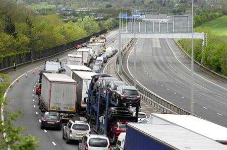 Traffic builds up on the M20 after a horsebox overturned