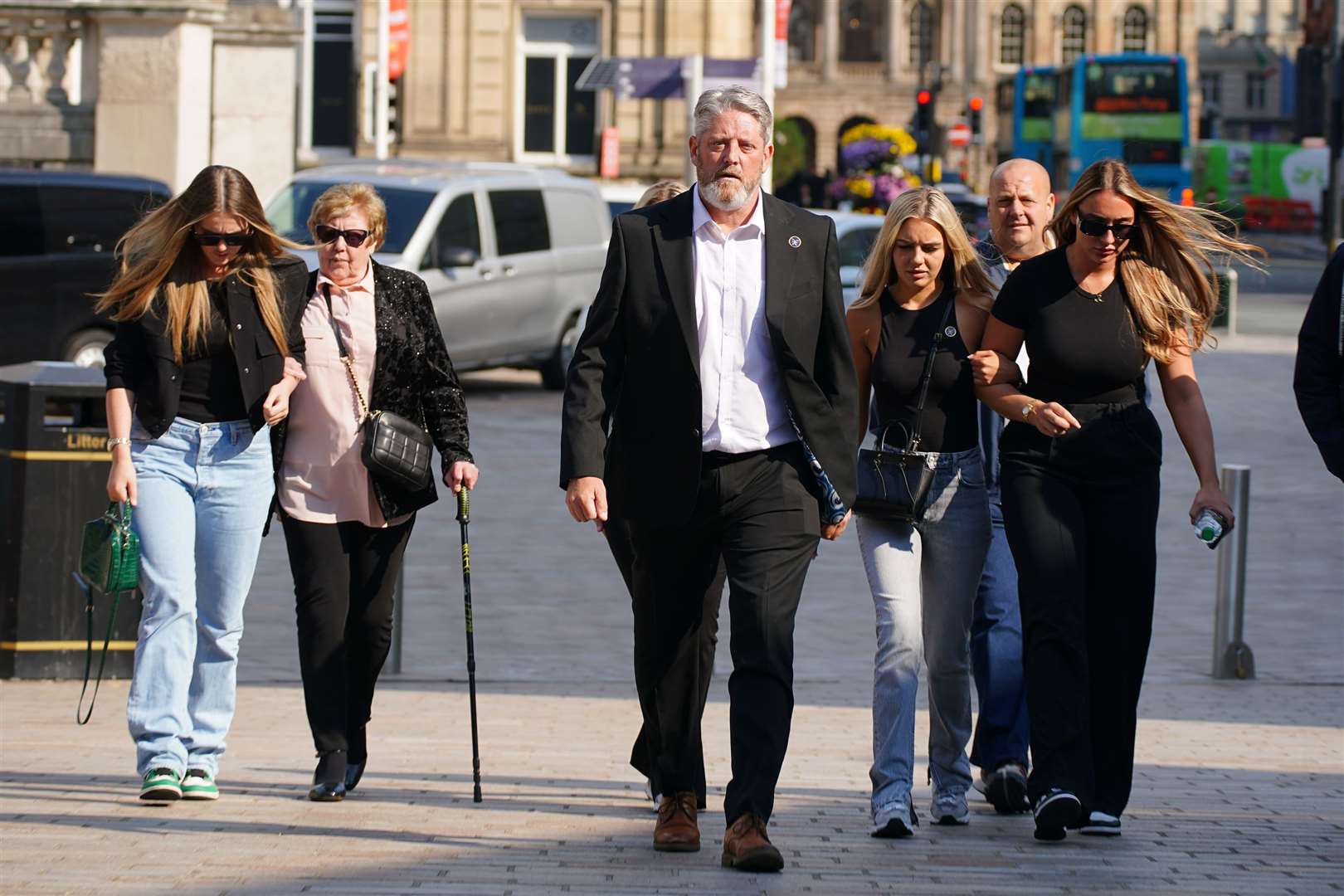The father of Elle Edwards, Tim Edwards, arrives with family members at court in Liverpool on the first day of the trial of Connor Chapman for her murder (Peter Byrne/PA)