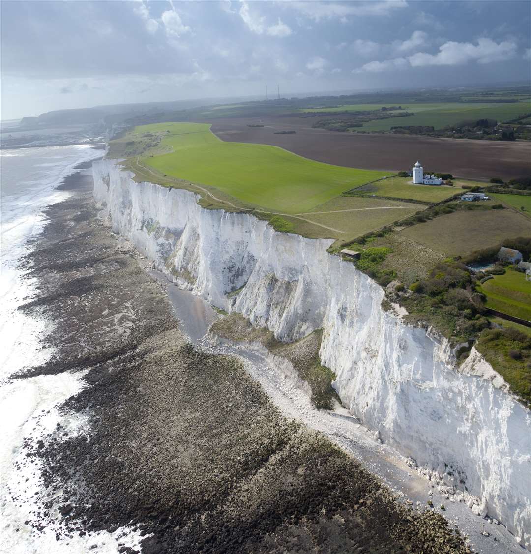 The White Cliffs of Dover coastline and South Foreland lighthouse on the clifftop
