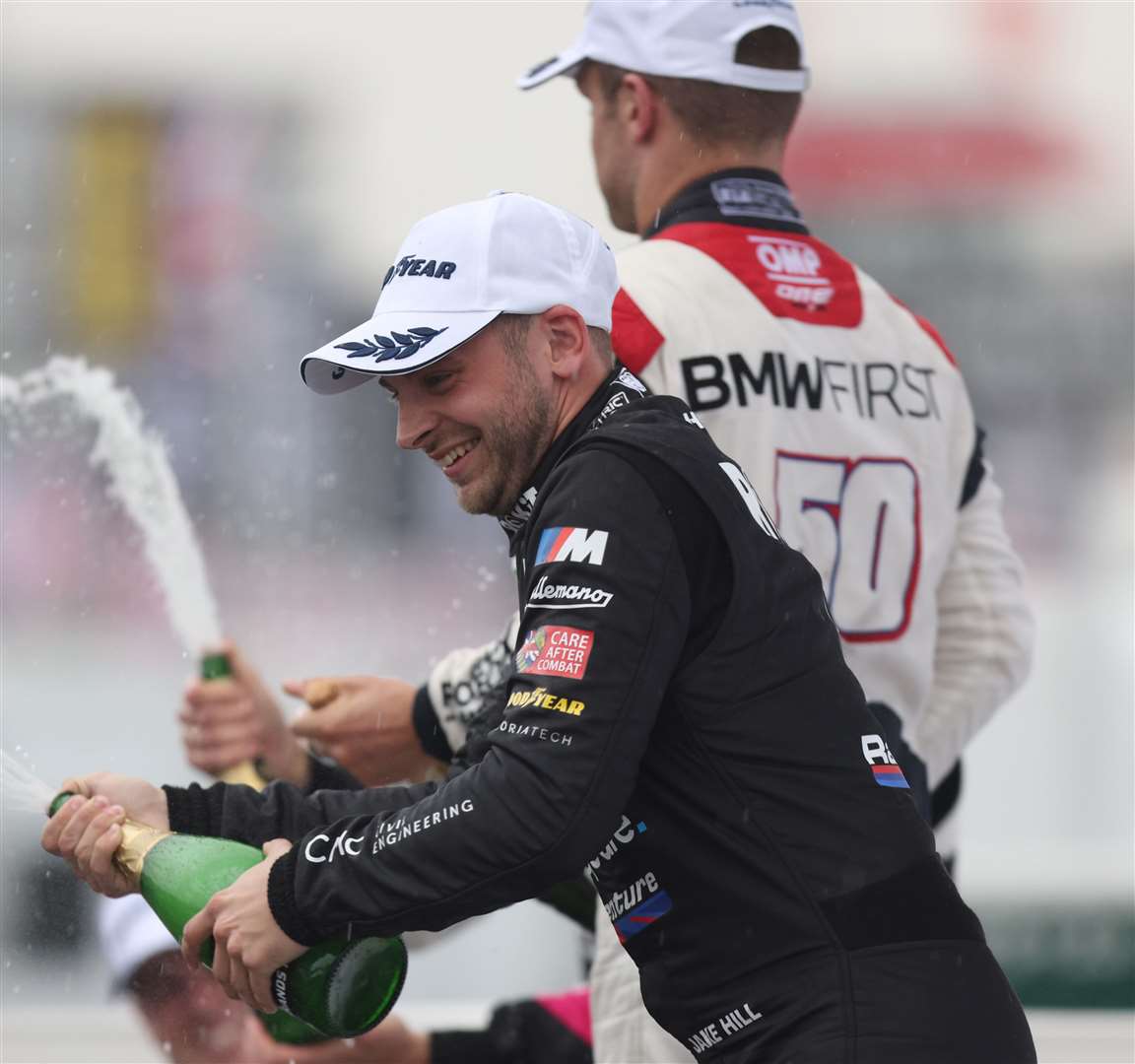 Jake Hill celebrates his second place in the BTCC at Brands. Picture: Jakob Ebrey