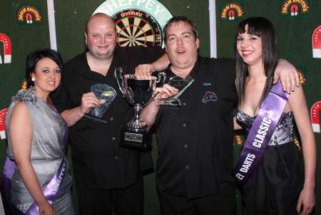 Pairs winners Clive Barden and Steve Douglas with walk-on girls Jenny Fletcher, left, and Tasha Ince