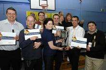 Deirdre Barlow's Neck Muscles celebrate winning the Canterbury KM Big Quiz at Body and Mind Leisure Centre.