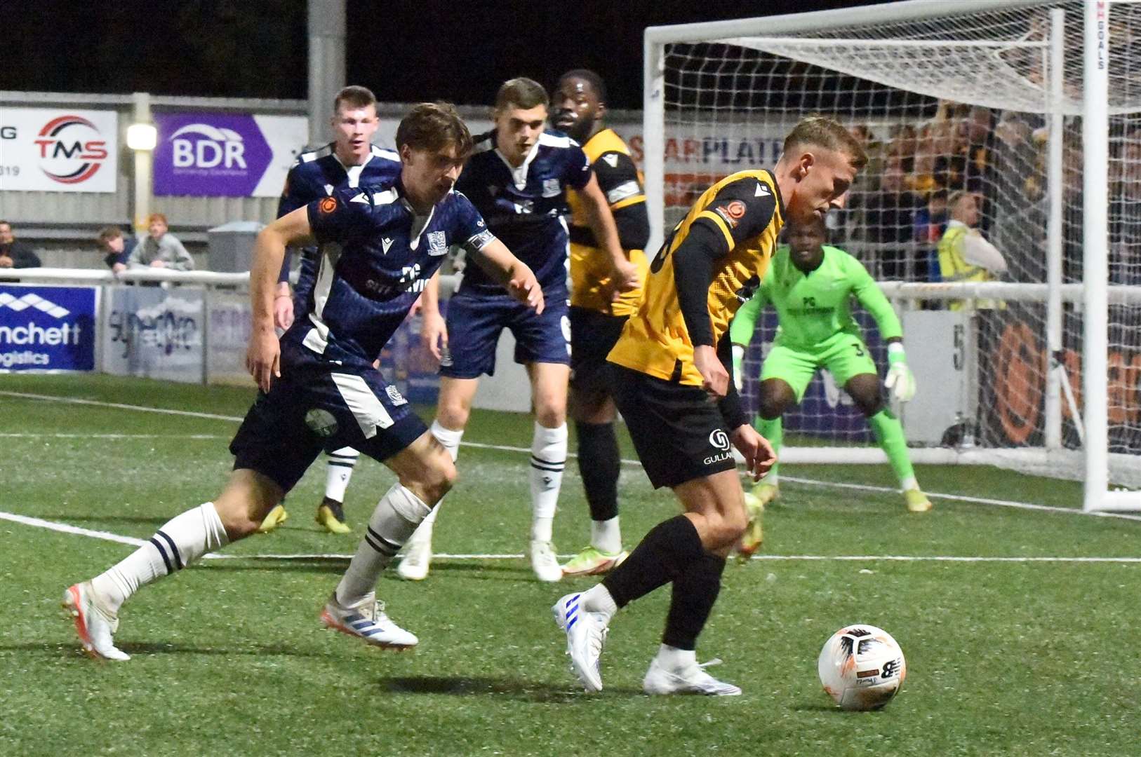 Sam Corne tries to create an opening during Maidstone's defeat by Southend. Picture: Steve Terrell
