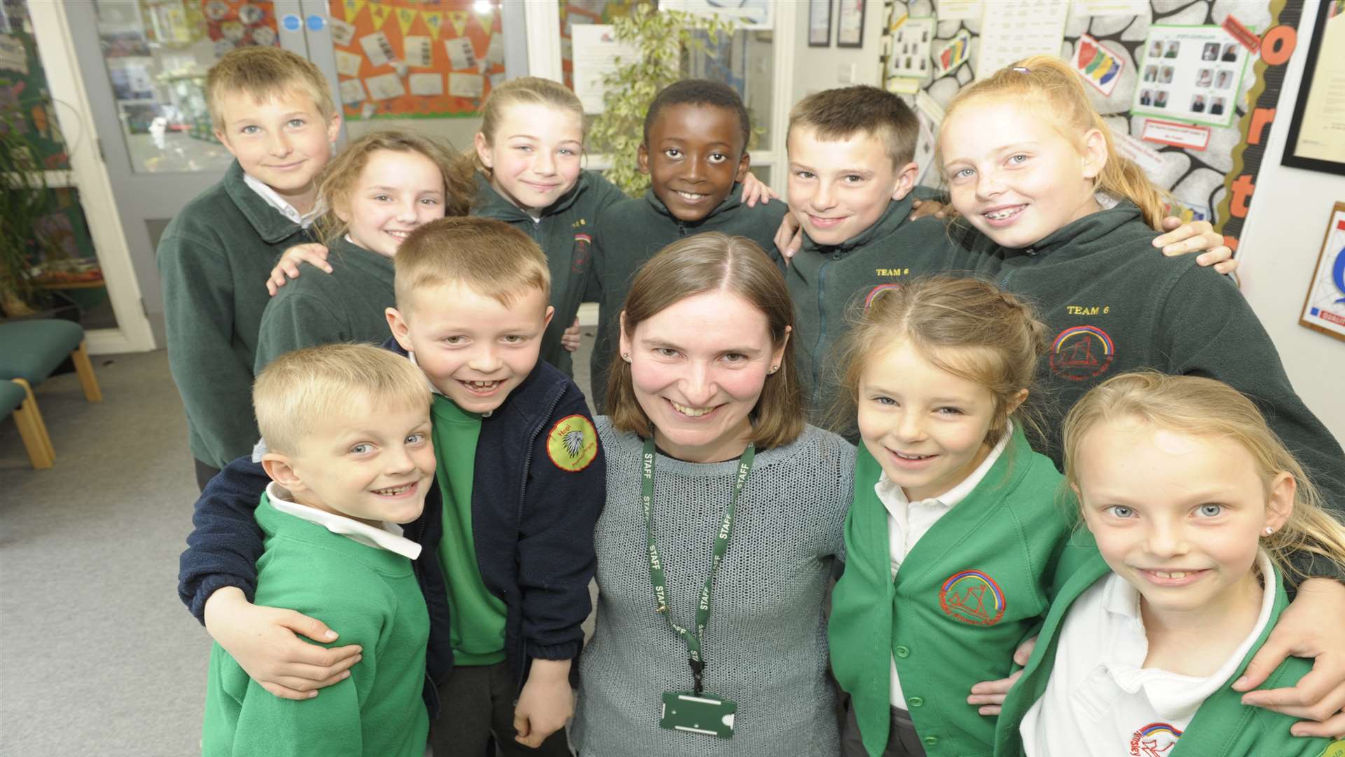 Headteacher Cathryn Andrews with pupils from Years 2 and 6