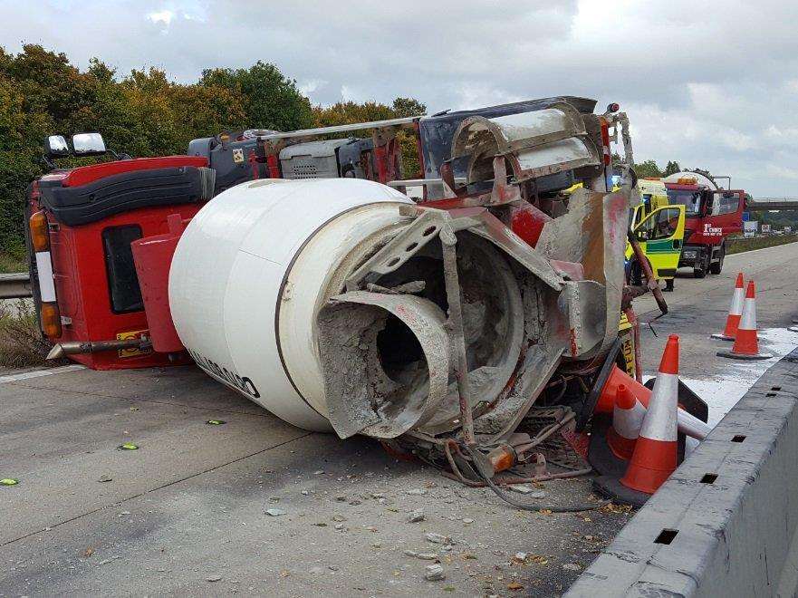 This is the scene after a cement mixer overturned on the M20. Picture: Highways England (4284353)