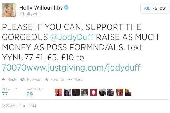 Holly Willoughby has tweeted her support for Jody and MNDA