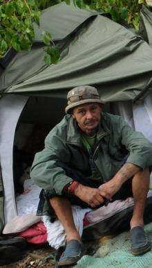Homeless Kevin Gore in his camp at Wincheap