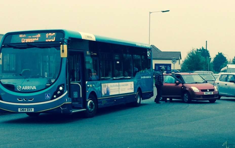 A bus and a car had a collision on the Lion Garage roundabout this morning.