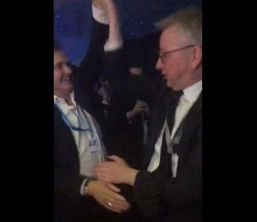 Tom Tugendhat and Michael Gove dance at the Tory party conference Picture: @johnjohnstonmi