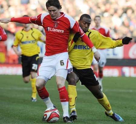 Charlton's Patrick McCarthy holds off Nathan Ellington. Picture: BARRY GOODWIN