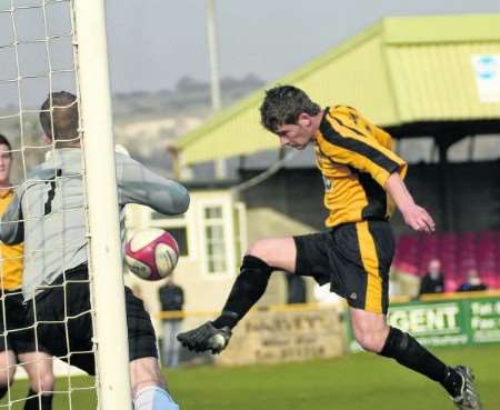 James Everitt scores Folkestone Invicta's winner against Eastbourne Town in Division One South. Picture: Gary Browne