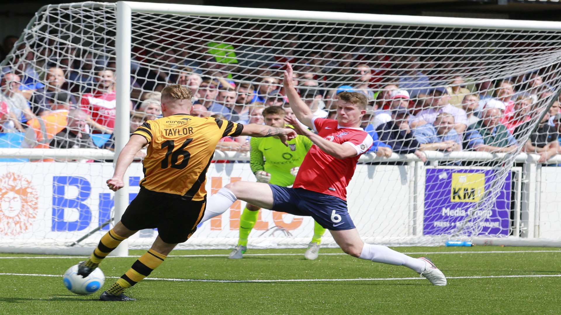 Bobby-Joe Taylor gives Maidstone the lead against York on the opening day Picture: Martin Apps
