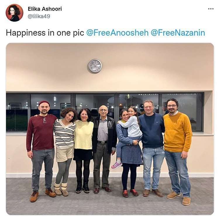 A tweet posted by Elika Ashoori of her father Anoosheh Ashoori and Nazanin Zaghari-Ratcliffe being reunited with their families. Photo: Elika Ashoori/PA
