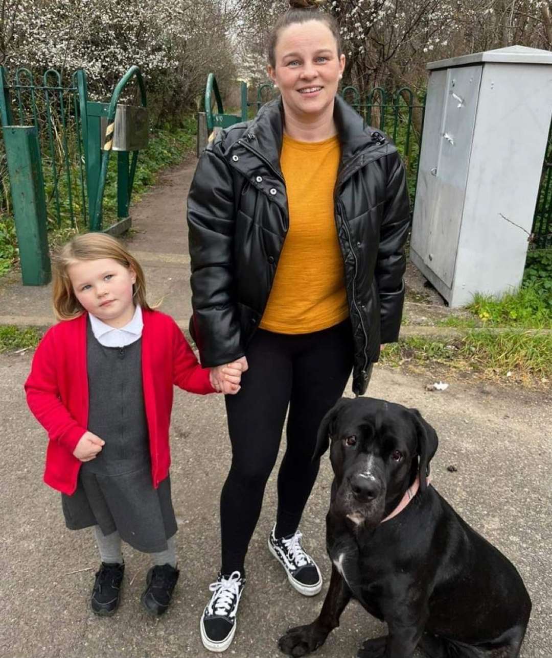 Rachel Davis with daughter Rosie and dog, Ruby, where the flasher was spotted in Marsh Street, Temple Hill, Dartford