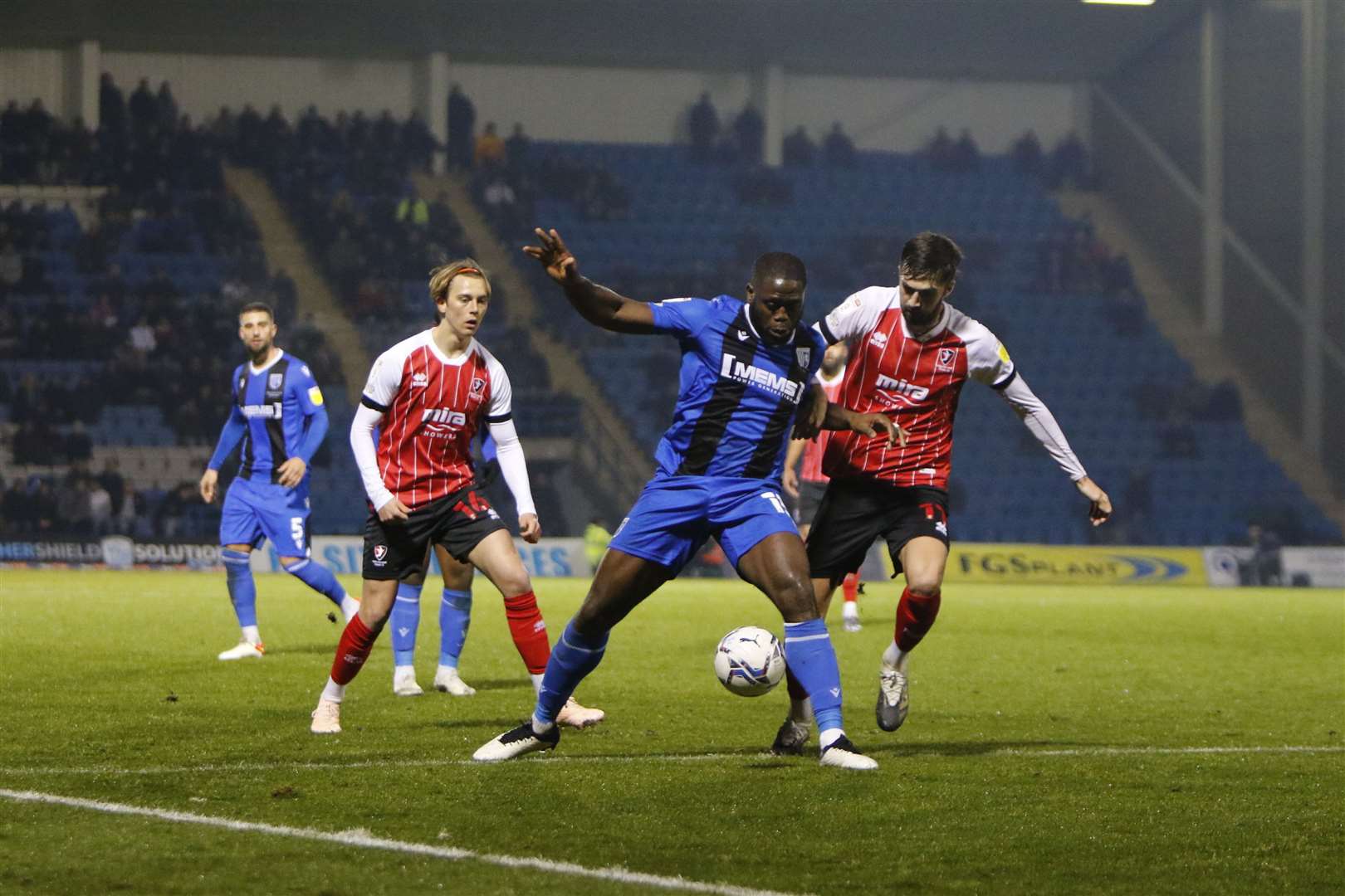 Gillingham striker John Akinde in action during Tuesday's 2-0 defeat against Cheltenham. Picture: Andy Jones