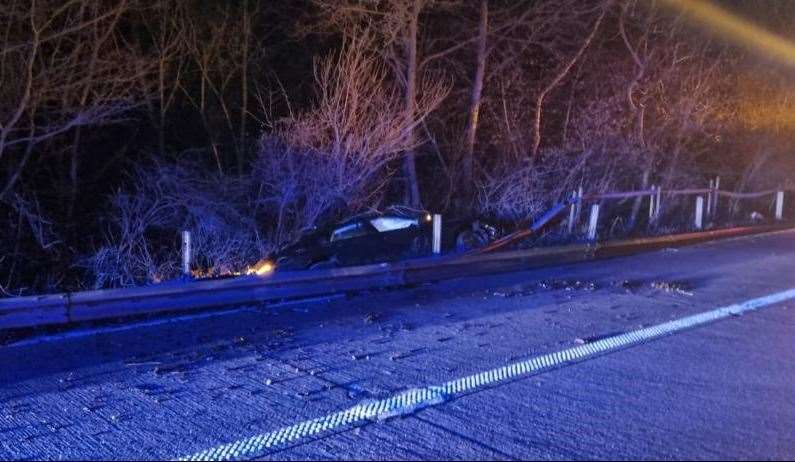 A car has crashed through the barrier on the M20 between Ashford and Maidstone causing Christmas Eve travel problems. Picture: National Highways
