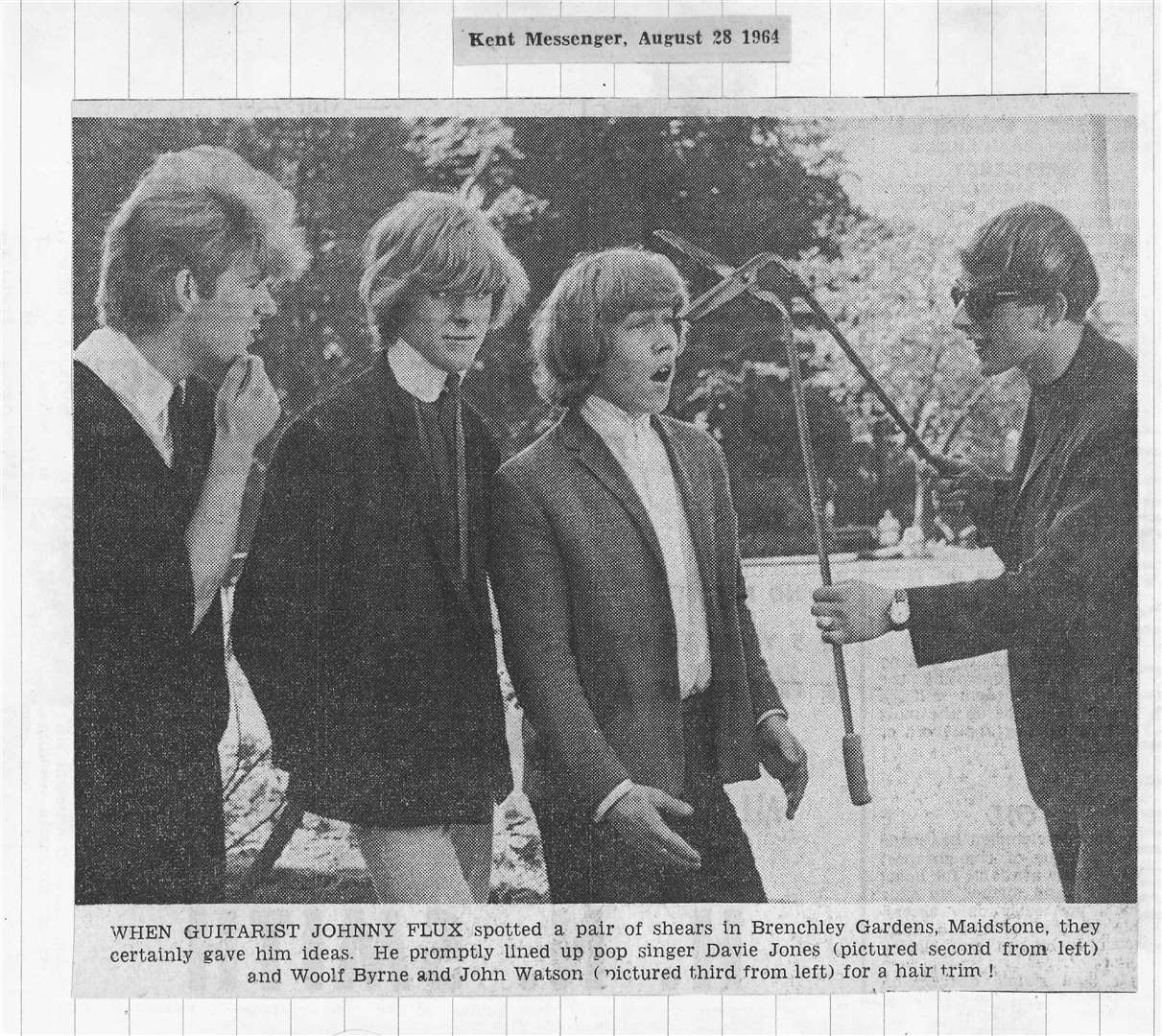 Johnny Flux (aka Johnny Edward) threatens to take a pair of shears to Manish Boys band mates, Woolf Byrne, Davie Jones (David Bowie), and John Watson. August 28, 1964